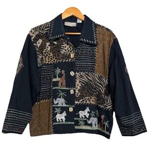 Vintage NEW DIRECTIONS Top XL Jacket Patchwork Animals Tapestry Giraffe Elephant